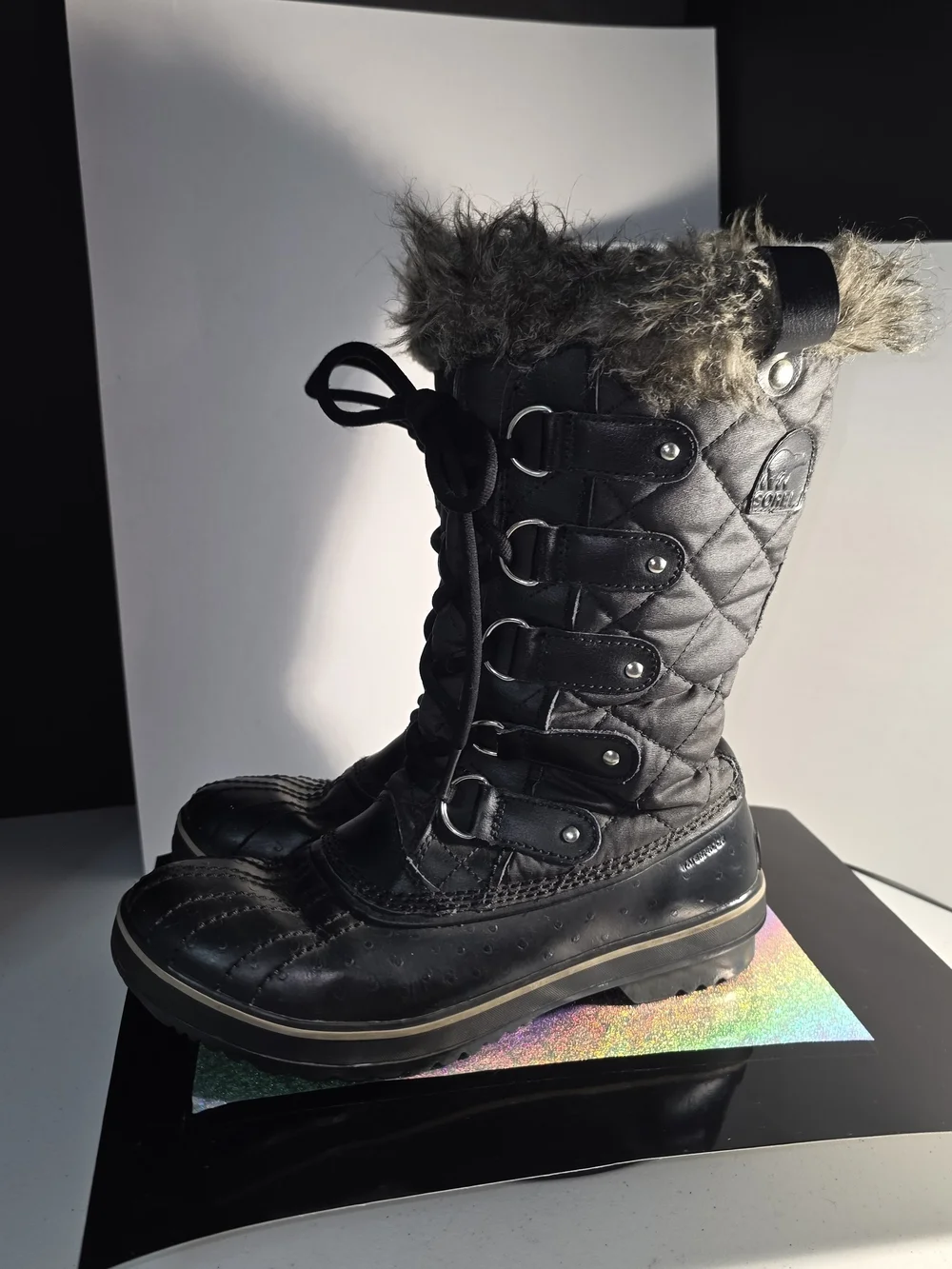 Sorel Tofina II Black Stone Waterproof Faux-Fur Trim Lace-Up Winter Boots Sz 7.5